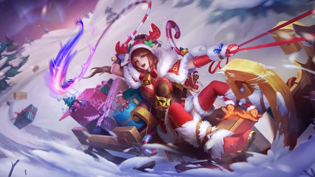 Miya Christmas Carnival skin in MLBB, festive red and white holiday look