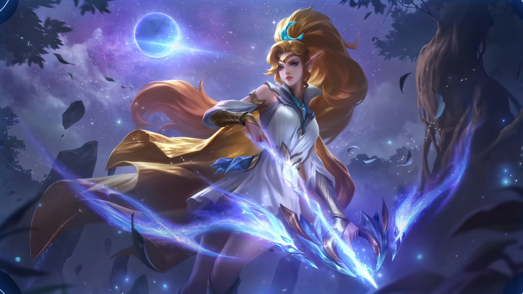 Miya Moon Priestess skin in MLBB, celestial white and gold design