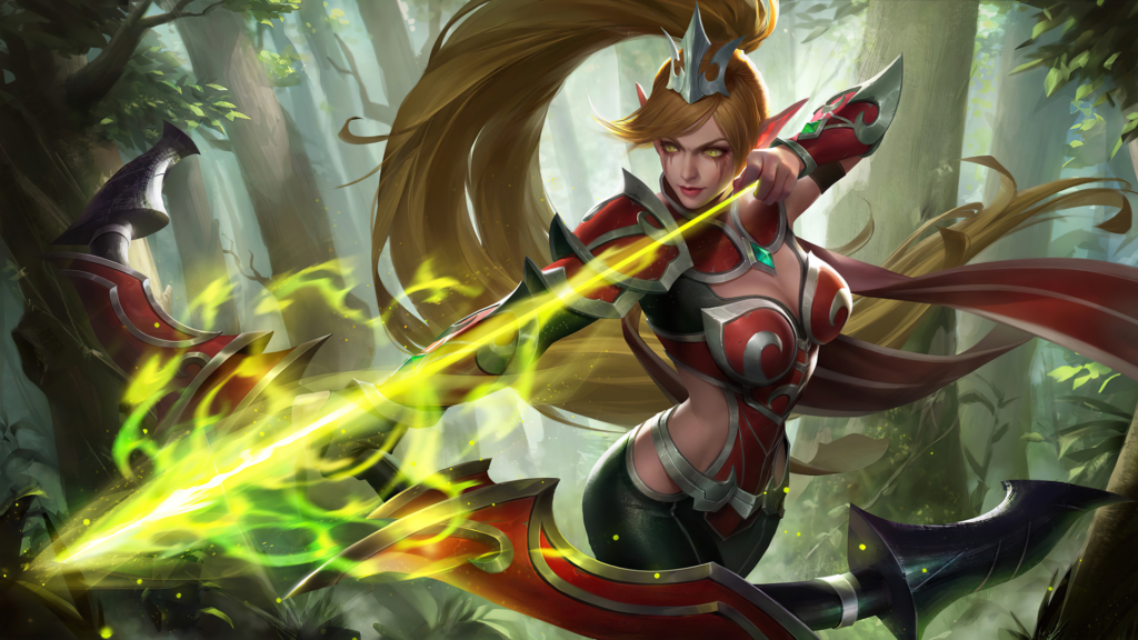 Miya Burning Bow skin in MLBB, deep red and gold warrior armor