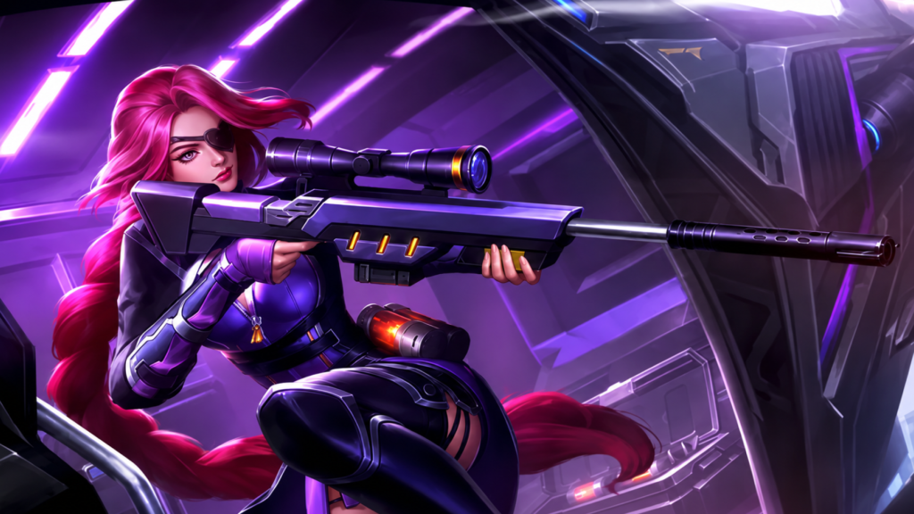 Lesley Lethal Lady skin in MLBB, dark red hair and eyepatch with tactical outfit