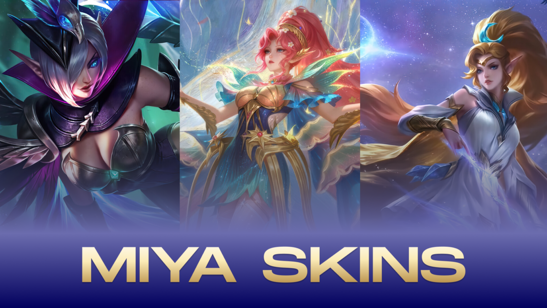 Miya MLBB skins list featuring Modena Butterfly, Arrow of Spring, and Moon Priestess