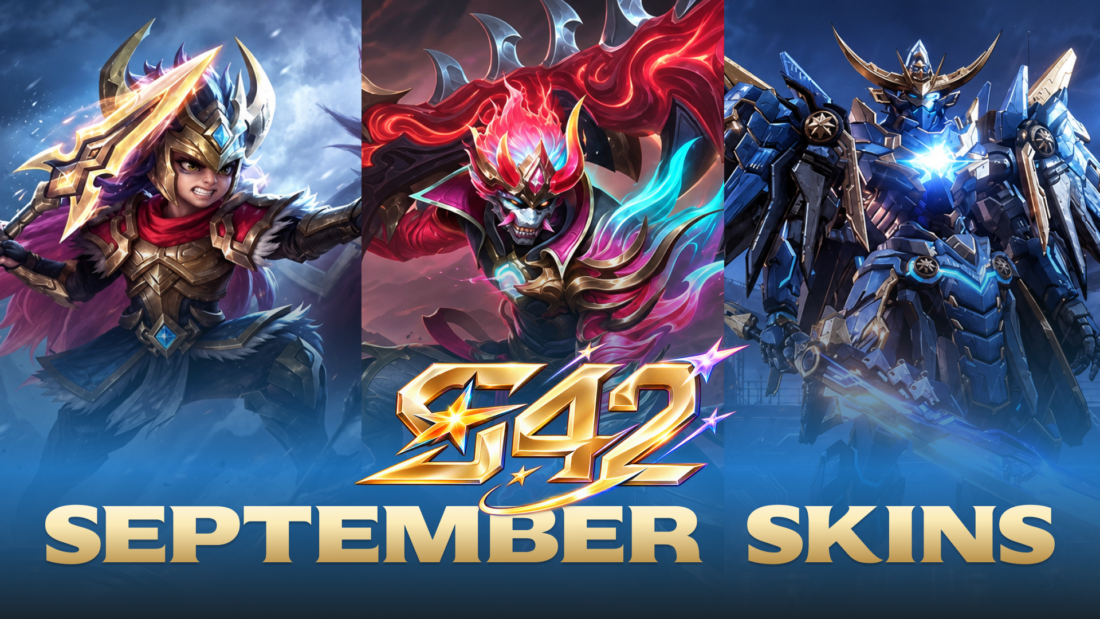 MLBB Season 42 skins poster featuring three new September skin releases