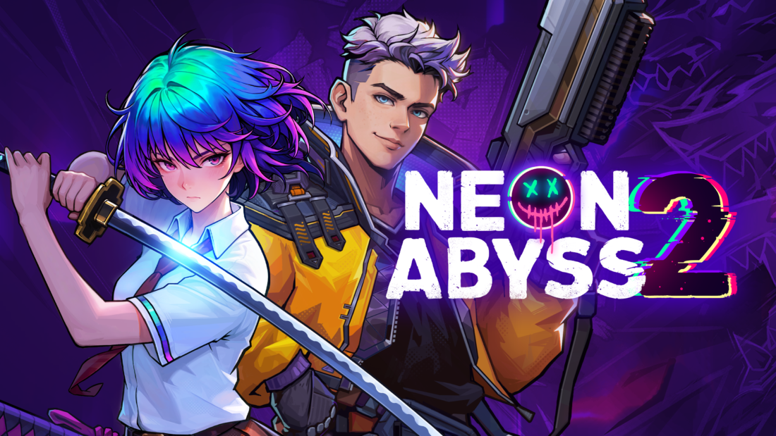 Neon Abyss 2 launch key art with sword and gun wielding agents against a neon purple Abyss backdrop