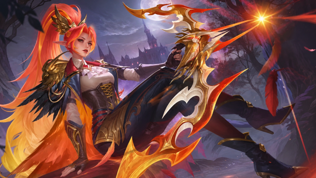Miya Nightowl Huntress skin in MLBB, dark mysterious look with gold-trimmed cloak
