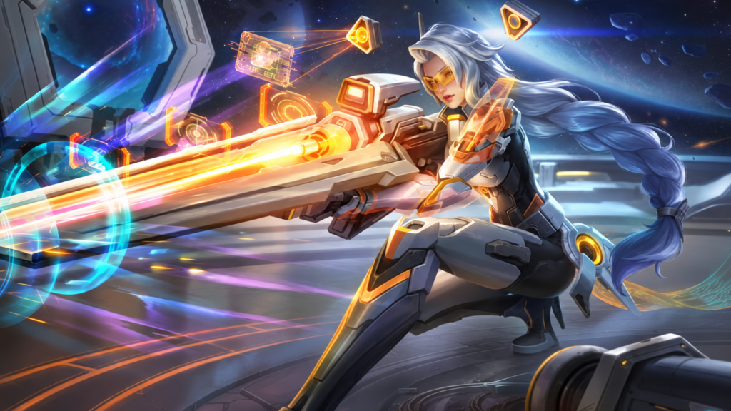 Lesley Stellaris Ghost skin in MLBB, silver-white hair with glowing gold visor