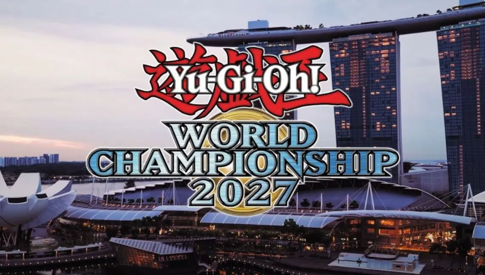 Yu-Gi-Oh World Championship 2027 key visual over Marina Bay Sands Singapore skyline