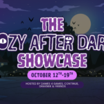 Cozy After Dark Showcase key art with two cartoon characters in a moonlit town, October 12 to 19