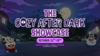 Cozy After Dark Showcase key art with two cartoon characters in a moonlit town, October 12 to 19