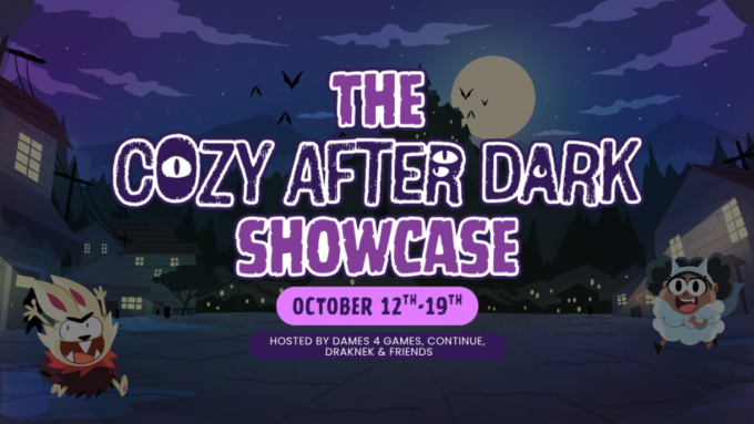 Cozy After Dark Showcase key art with two cartoon characters in a moonlit town, October 12 to 19