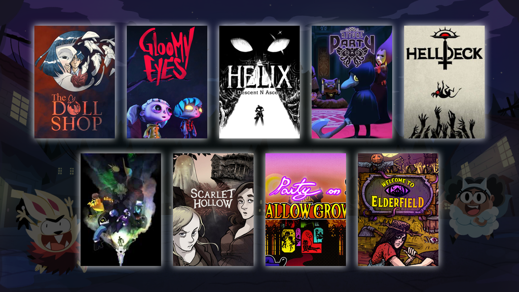 Key art for 9 games already out from the showcase, from The Doll Shop to Welcome to Elderfield