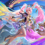 Layla free collector skin Prismatic Rhythm splash art in MLBB with pink twin tails, rainbow ribbons, and a golden weapon
