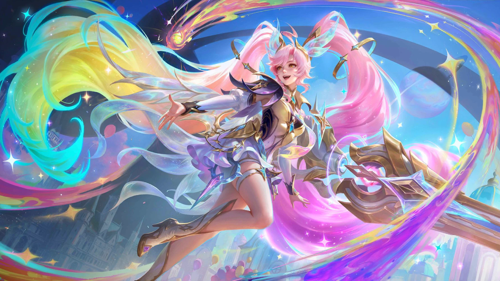 Layla free collector skin Prismatic Rhythm splash art in MLBB with pink twin tails, rainbow ribbons, and a golden weapon