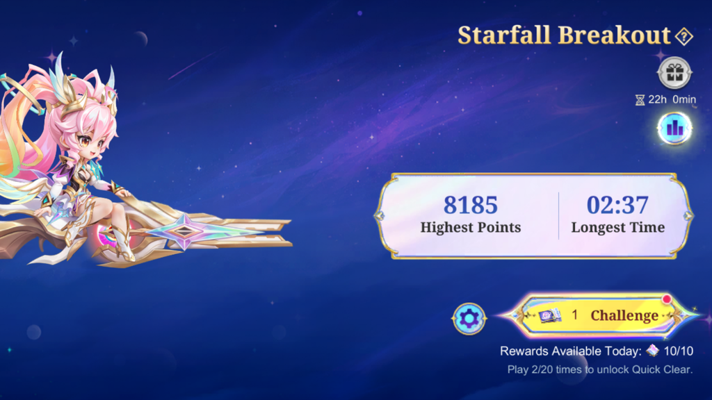 Starfall Breakout screen for the Layla collector skin event in MLBB with Highest Points and the Challenge button